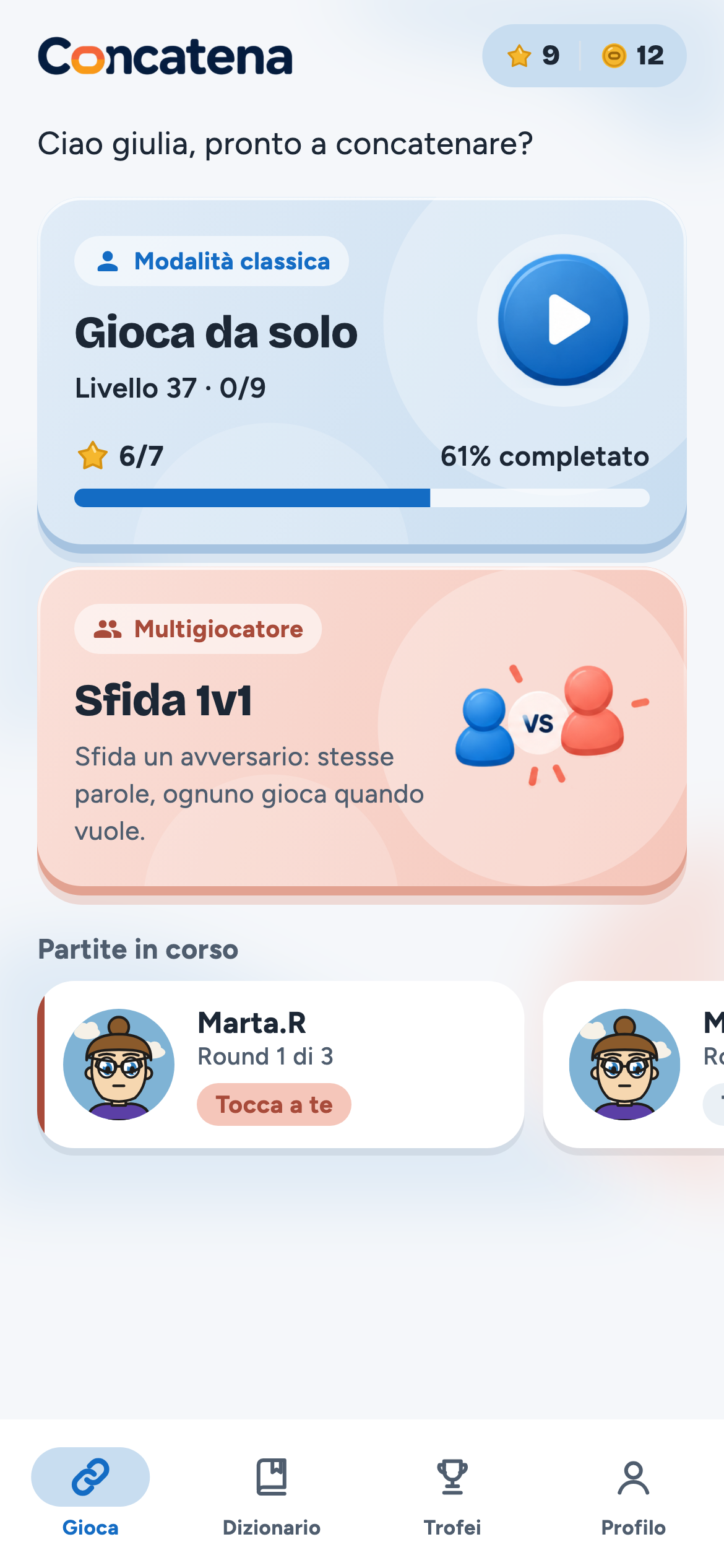 La Home di Concatena: Gioca da solo e Sfida 1v1